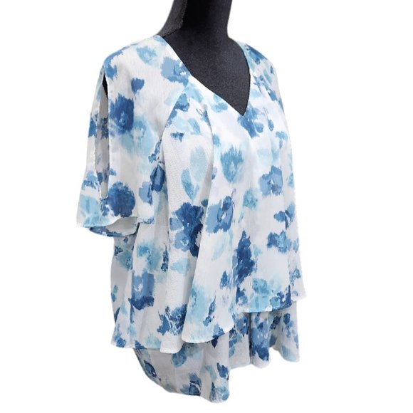 Juicy Couture Layered Ruffled V-Neck White/Blue Cold Shoulder Flowy Top XXL - Picture 5 of 9